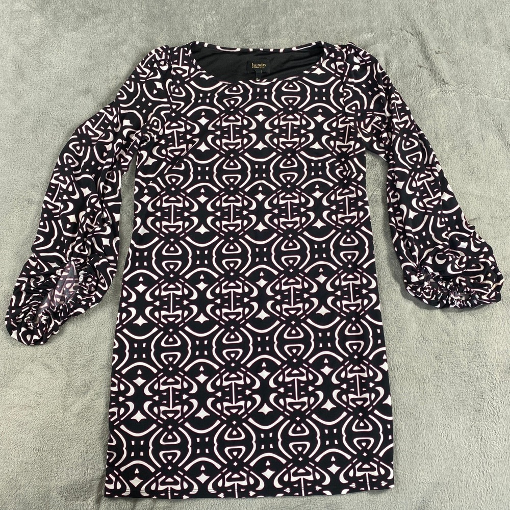 Laundry by Shelli Segal Dress Womens 6 Black White Medallion Bishop Sleeve Shift
